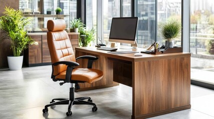 Executive corporate desk with leather chair, desktop computer, and polished wood surface