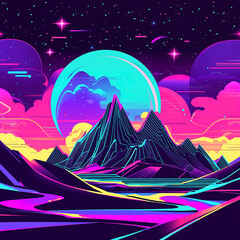 Vibrant mountain landscape under a colorful starry sky at night with abstract celestial elements