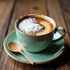 A cozy coffee cup topped with creamy foam and powdered sugar on a wooden table.