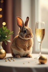 A cute rabbit sitting beside a champagne glass and decorative elements on a table.