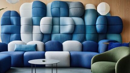 Obraz premium Modern Modular Seating Wall in Soft Blues & Whites