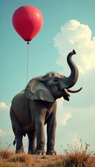 A joyful elephant holding a red balloon against a clear sky, capturing whimsical vibes.