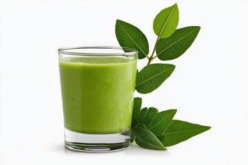 Fototapeta premium Vibrant green matcha drink in small glass with fresh leaves symbolizing clean nutrition herbal detox and antioxidant packed organic health beverage