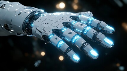 Close-up of a futuristic robotic hand with glowing blue lights, showcasing intricate mechanical details against a dark background.