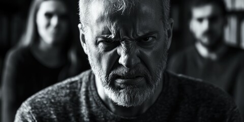 Fototapeta premium This image captures a man in deep thought amidst the blur of his surroundings. The focus is on his expressive face, with his eyes closed and a serious expression etched across his features. The out-of