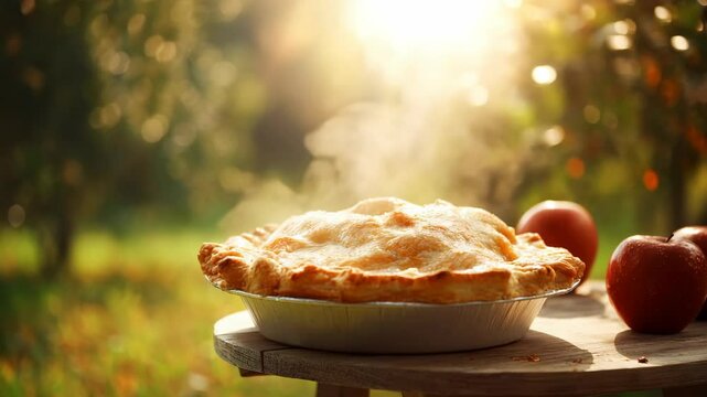 Freshly baked apple pie resting on a wooden table outdoors with sun shining through trees