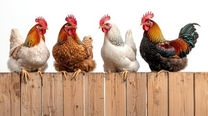 Four Colorful Chickens Perched on Wooden Fence