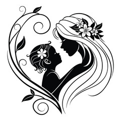 Elegant silhouette of mother holding baby with floral ornament in black and white