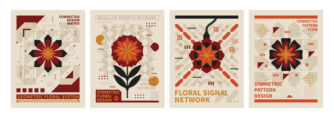 Floral Signal Network Poster Set: Geometric floral patterns in a set of four bold poster designs with a warm color palette of red, yellow, and black, evoking a modern and dynamic aesthetic.