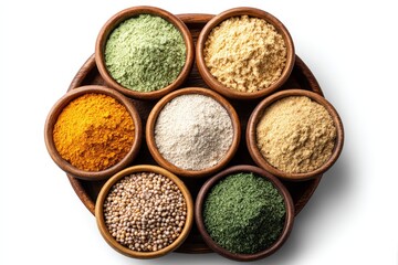 Wooden tray filled with assorted colorful spices and seasonings arranged in circular containers creating a vibrant aromatic blend on white tabletop