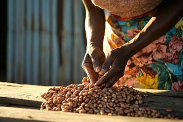 Haitian person shelling beans on sunlit veranda