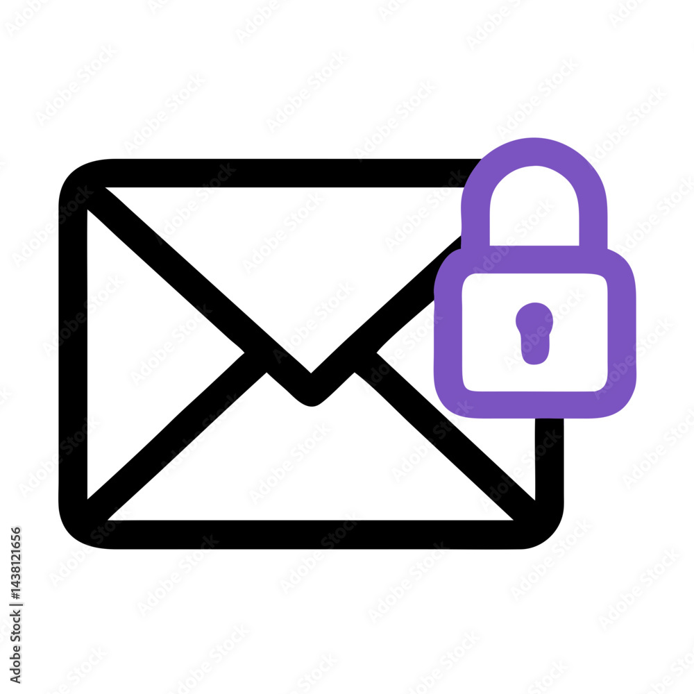 Poster simple icon of a black outlined envelope with a purple padlock on it. use for email security website