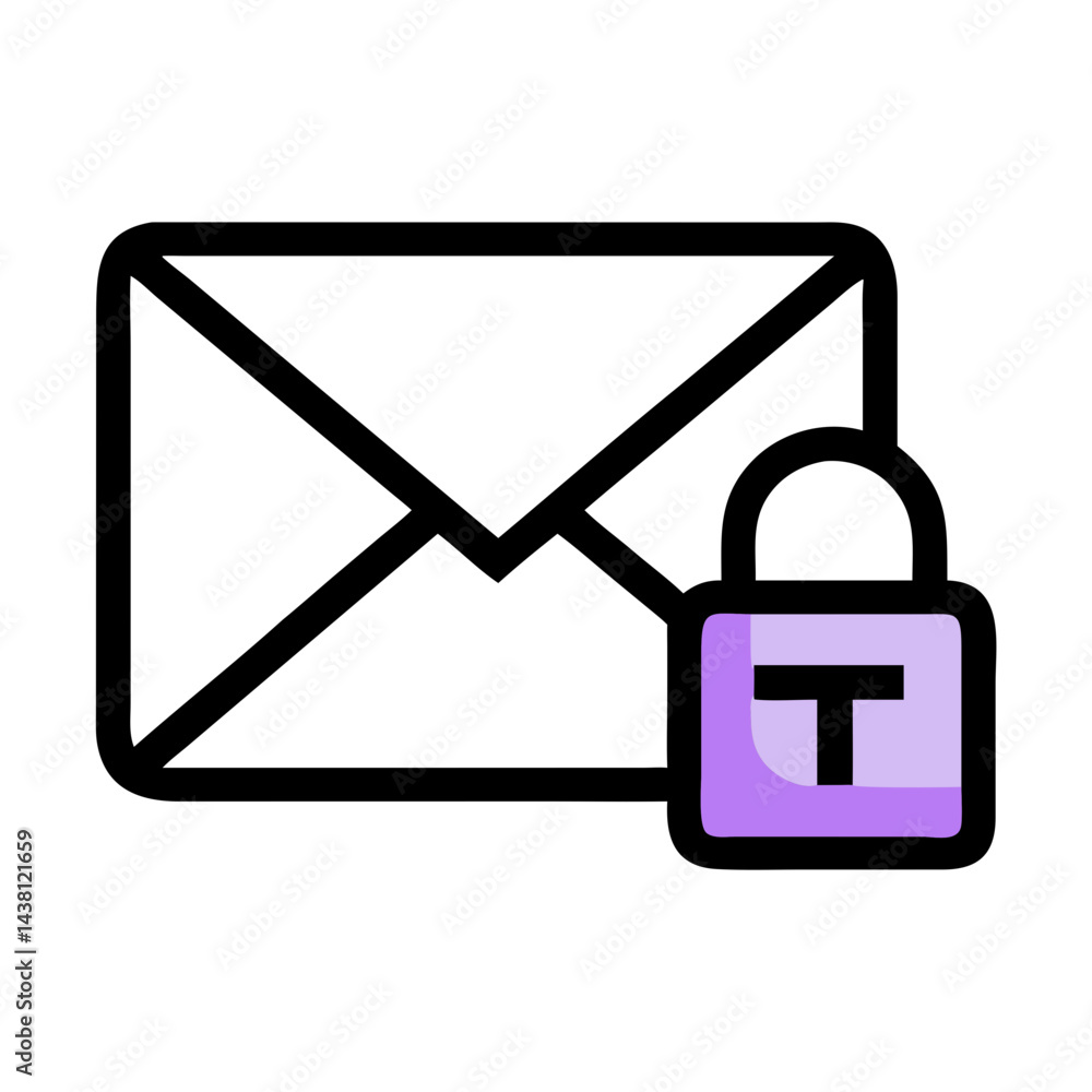Poster simple icon of a black outlined envelope with a purple padlock on it. use for email security website