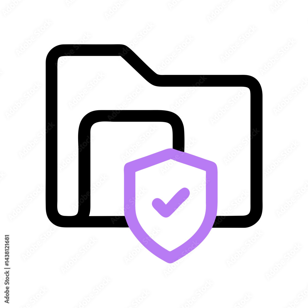 Poster simple icon of a black outlined folder with a purple shield containing a checkmark for security webs