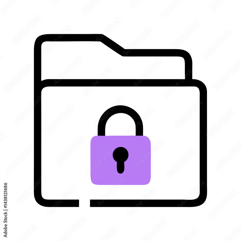 Poster simple line art icon of a folder with a purple padlock superimposed on it. represents secure files o