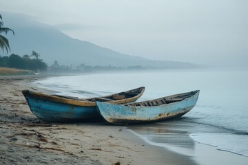 Fishing boats at dawn on tranquil Haitian beach