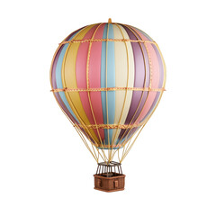 Naklejka premium realistic hot air balloon with colorful canopy isolated on clean white background, centered in frame with no edge touching, adventure travel experience focus