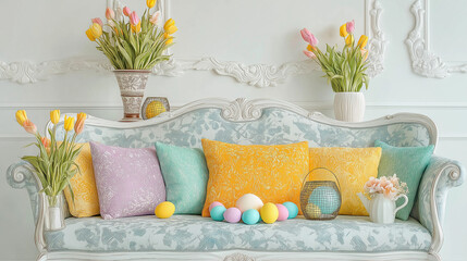 Interior design of spring living room with design sofa, furniture, vase with tulips, easter decorations, pillows and personal accessories. Home decor. Template. Easter holidays