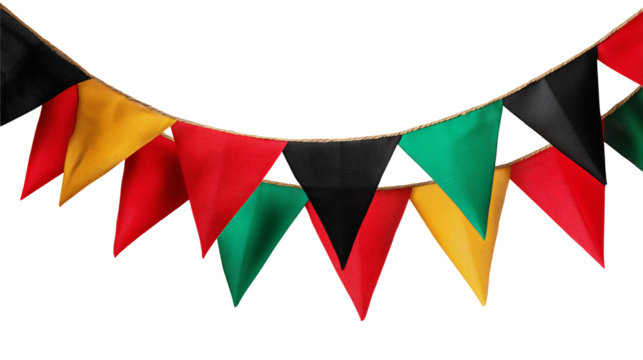 Colorful triangular flags in red, black, green, yellow decorating a festive space for a celebration event