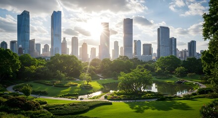 Obraz premium Stunning City Skyline with Lush Green Park A Vibrant Urban Oasis