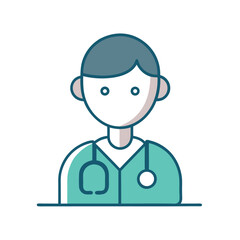 Cartoon doctor icon with stethoscope, Teal uniform, White background, Medical personnel