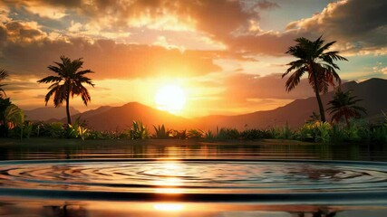 Pair of decaying zombie hands emerging from water in tropical island lagoon at sunset, creating a spooky and dramatic scene.