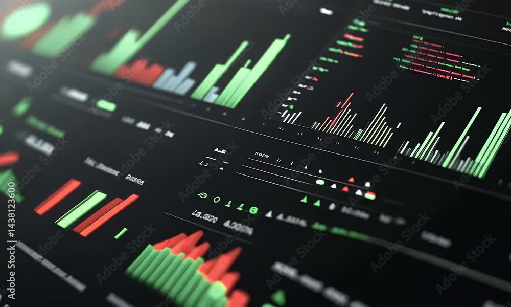 Poster a stock market graph displaying green and red bar charts with numbers, representing the global busin