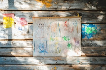 Child drawing pinned on rustic wooden cabin wall