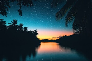 Starry night sky over jungle river with palm silhouettes