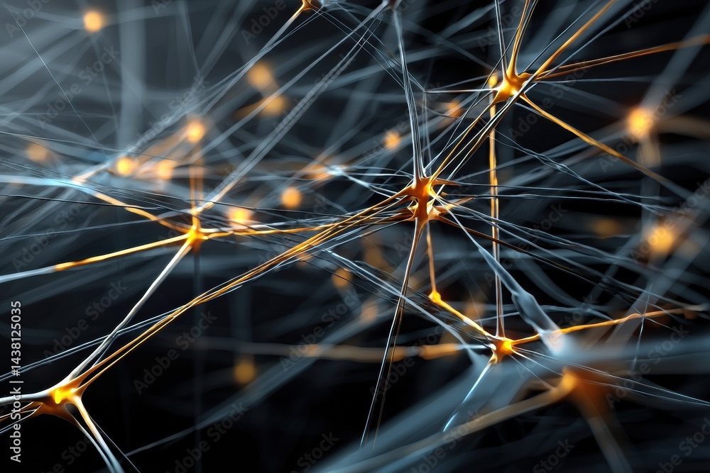 Poster Neural Network Composed of Radiant Threads on a Smooth Black Background Illustrating Advanced Technology and Artificial Intelligence Concepts