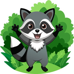 Obraz premium Adorable cartoon raccoon with hands raised in playful pose surrounded by greenery