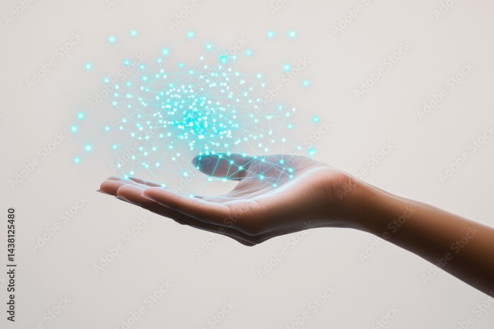 Poster a hand gently cradles a glowing network of interconnected nodes, symbolizing digital connection and 