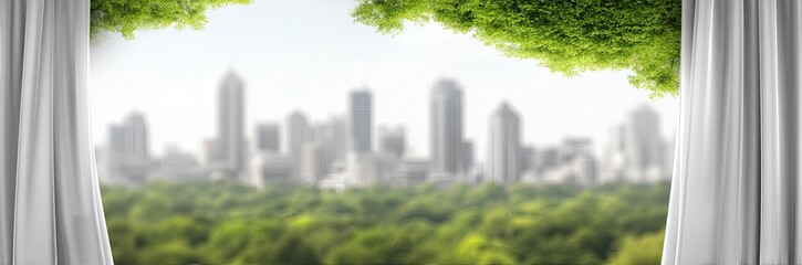 Fototapeta premium Cityscape through sheer curtains, lush greenery