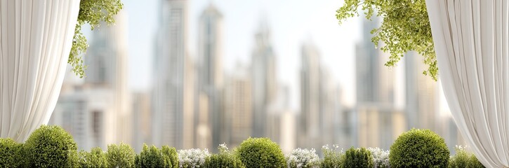 Cityscape view through sheer curtains with greenery