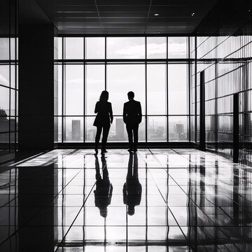 Two professionals in silhouette observe the cityscape through the high office windows.