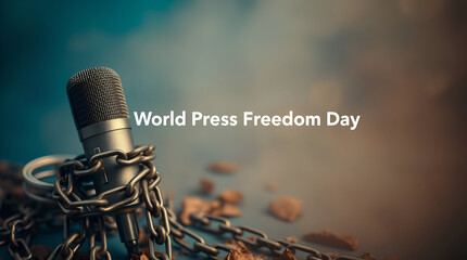 Two podcast microphones wrapped tightly in metal chains, one in top left, one in bottom right, blue background, bold text 'World Press Freedom Day' in center, cinematic, realistic, symbolic.