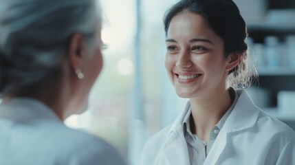Modern pharmacy setting with a young female pharmacist assisting an older woman patient. Both individuals are smiling, conveying a friendly and supportive interaction.