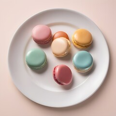 Obraz premium Colorful macarons displayed on a white plate in a soft setting