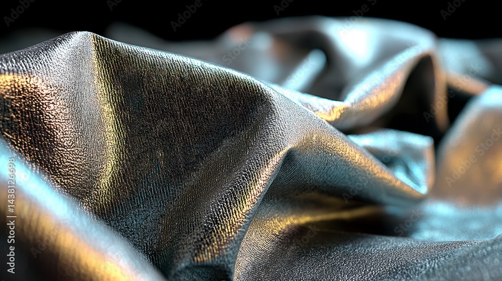 Poster abstract close up of shimmering metallic fabric with folds and texture, illuminated with warm and co