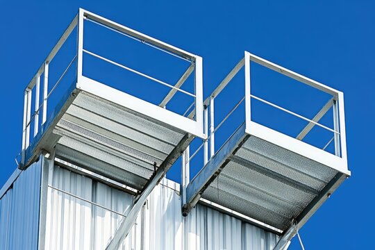 Industrial metal stairs against blue sky