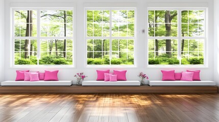 Fototapeta premium Bright and Spacious Living Room Interior with Large Windows and Greenery