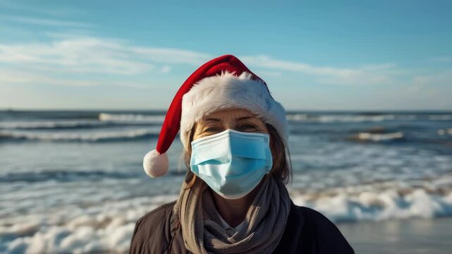 A woman wearing a Santa hat and a face mask stands on a beach. Concept of humor and lightheartedness, as the woman is dressed in a festive outfit while wearing a mask