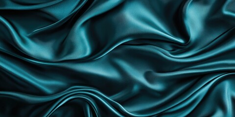 Obraz premium The image showcases a luxurious, teal-colored silk satin fabric with a rich and vibrant texture. The material exhibits soft, wrinkle textures that add depth and visual interest to the fabric's surface