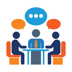 Three Individuals Meeting at Table with Speech Bubbles in Blue, Orange & Grey Colors