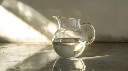 Morning reflections glass water pitcher on a reflective surface indoor setting minimalist aesthetic