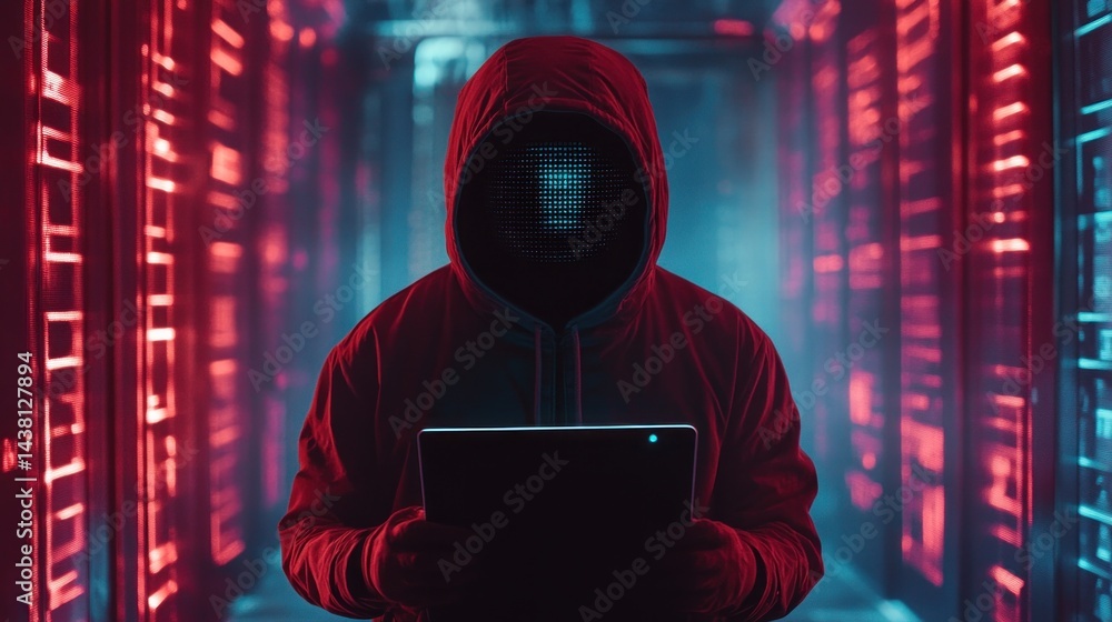 Poster anonymous hacker in a data center neon lights