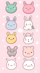 Fototapeta premium Pastel Cartoon Animal Faces