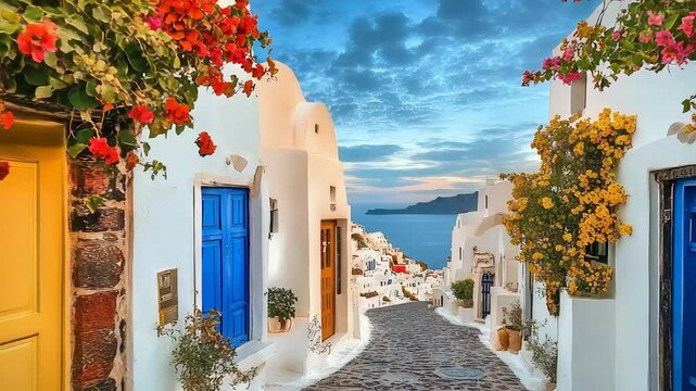 Charming Santorini Street with Whitewashed Houses and Vibrant Bougainvillea Flowers


