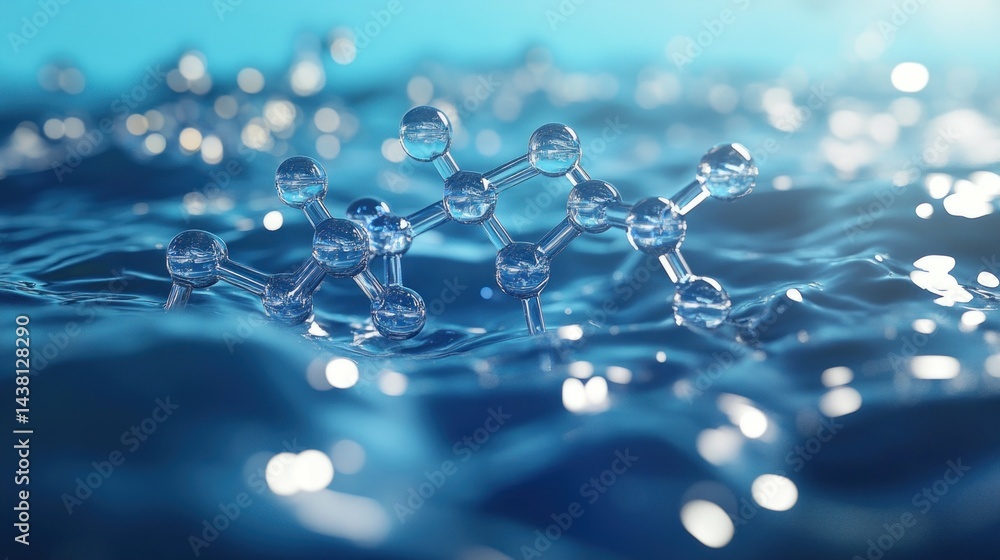 Poster molecular structure floating on water: a 3d render of a molecule on a tranquil blue surface, reflect