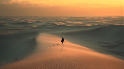 Lonely Traveler in a Vast Desert at Dusk